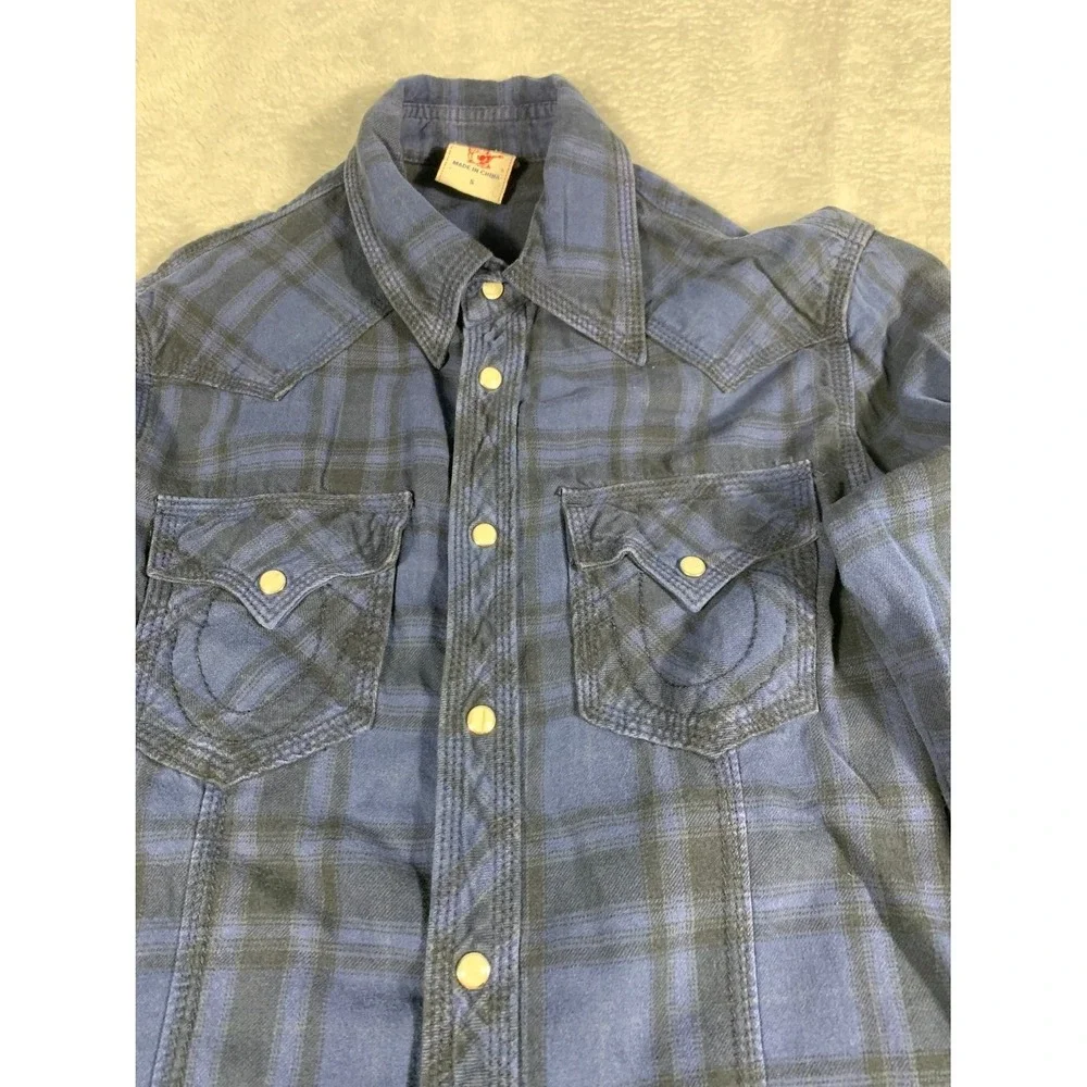 True Religion Mens S Western Pearl Snap Plaid Navy Blue Black Long Sleeve Shirt